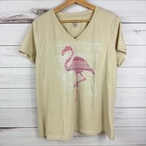 Womens Flamingo‎ V Neck Beige T-Shirt 5 Stars Size XXL